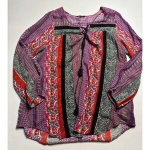 JOE BROWNS Women's 10 Floral Patchwork Tunic Blouse Lace Up Boho Hippie Artsy